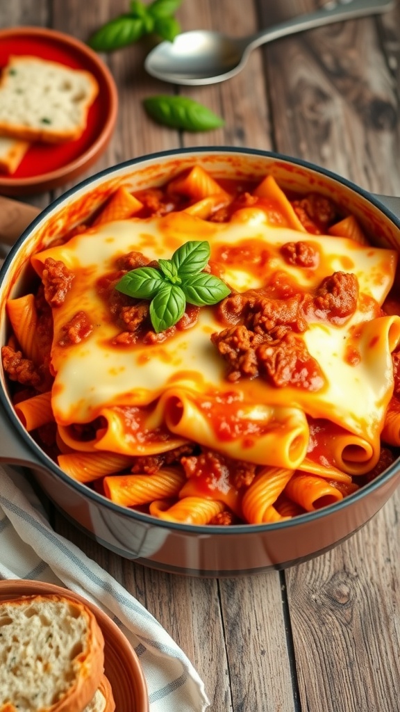 One-pot cheesy lasagna with ground beef and melted cheese, garnished with basil, on a wooden table with garlic bread.